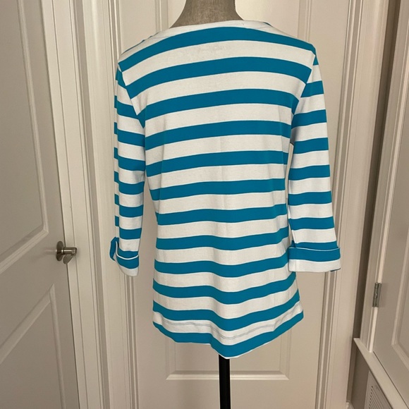 🌸🌸SALE! 4 FOR $20!PALM GROVE Teal&White Stripe Jeweled Turtle 3/4 Slv Top SzS - Picture 3 of 7